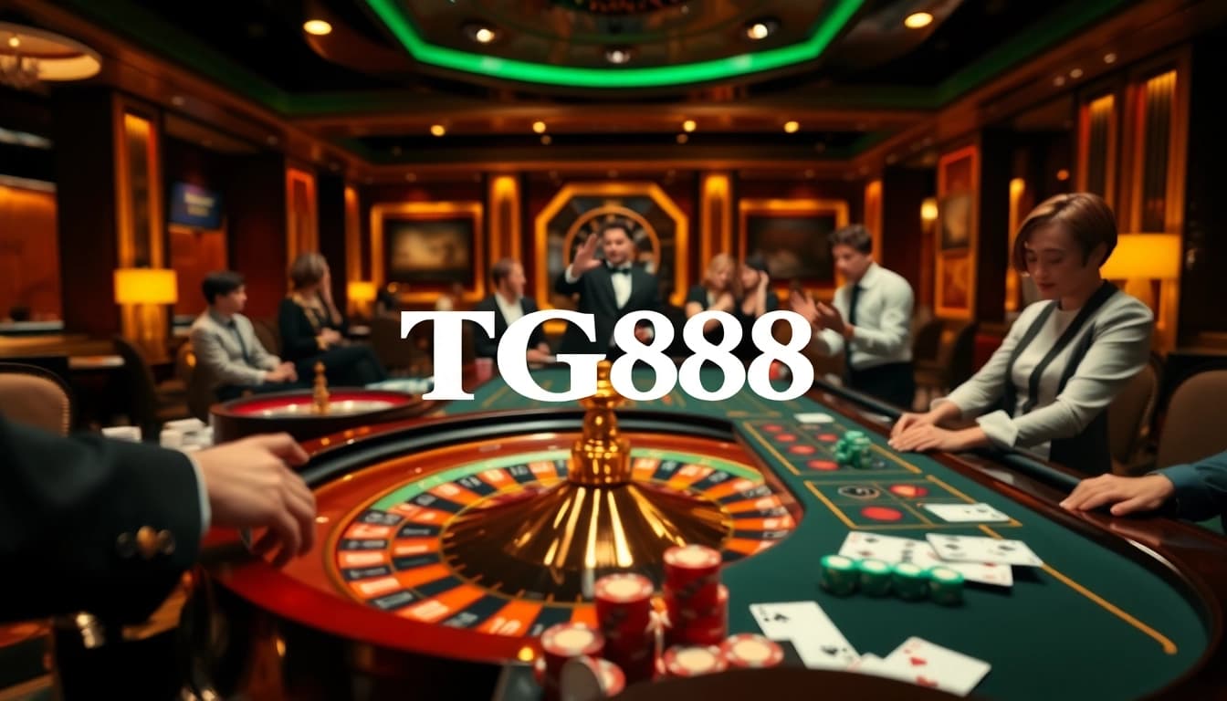 Experience thrilling gameplay at TG88 Casino with poker chips and a roulette wheel.