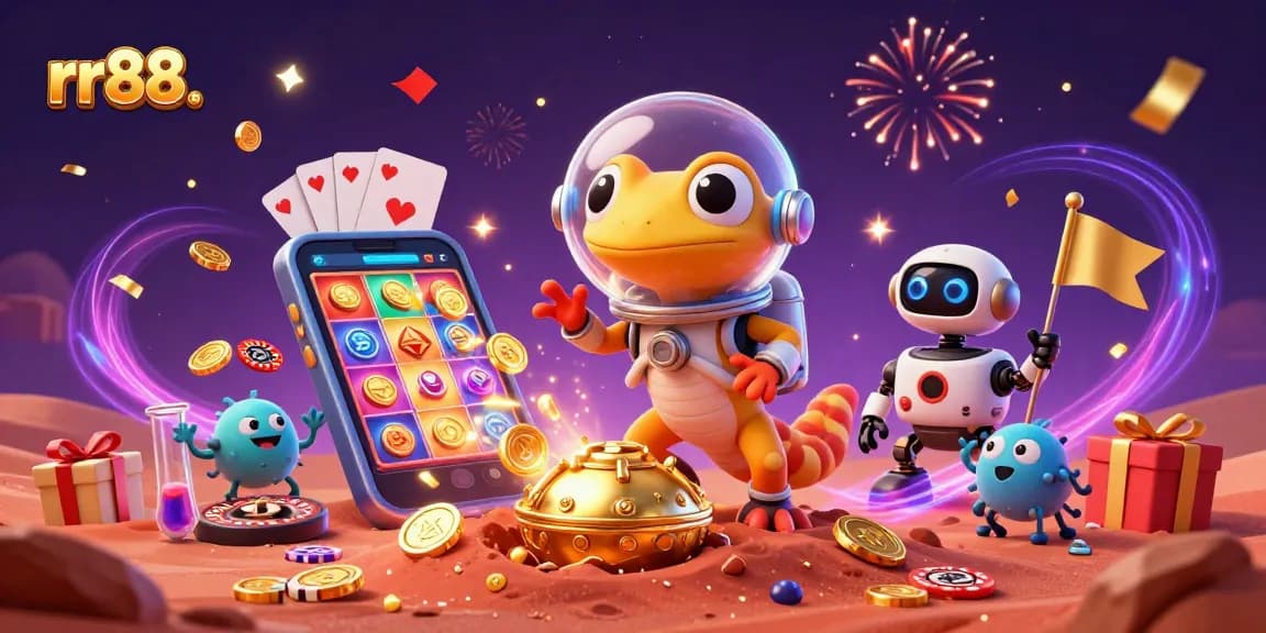 Experience the thrill of rr88. with Martian gecko exploring a golden casino in a vibrant 3D scene.