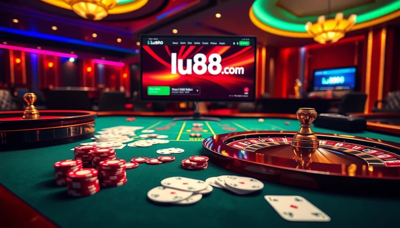 Experience excitement at lu88.com with a lively casino table filled with poker chips and cards.