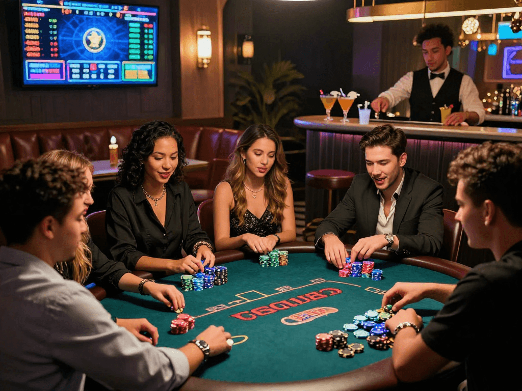 Exciting crypto casino atmosphere with friends at a poker table, illuminated setting showcases modern gaming.