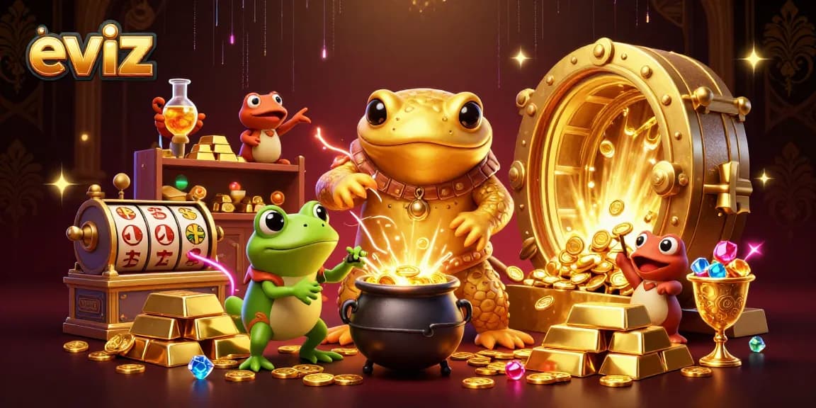 Join the gaming excitement at eviz casinos with vibrant illustrations of alchemical winnings and golden treasures.