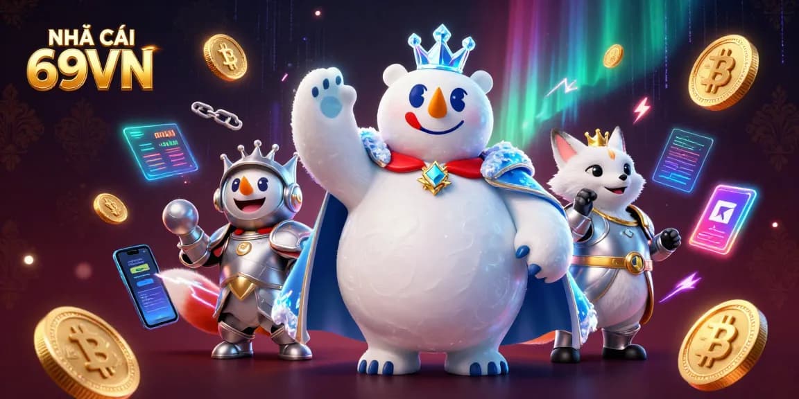 Experience gaming excitement at NHÀ CÁI 69VN with vibrant illustrations of popular casino elements and characters.