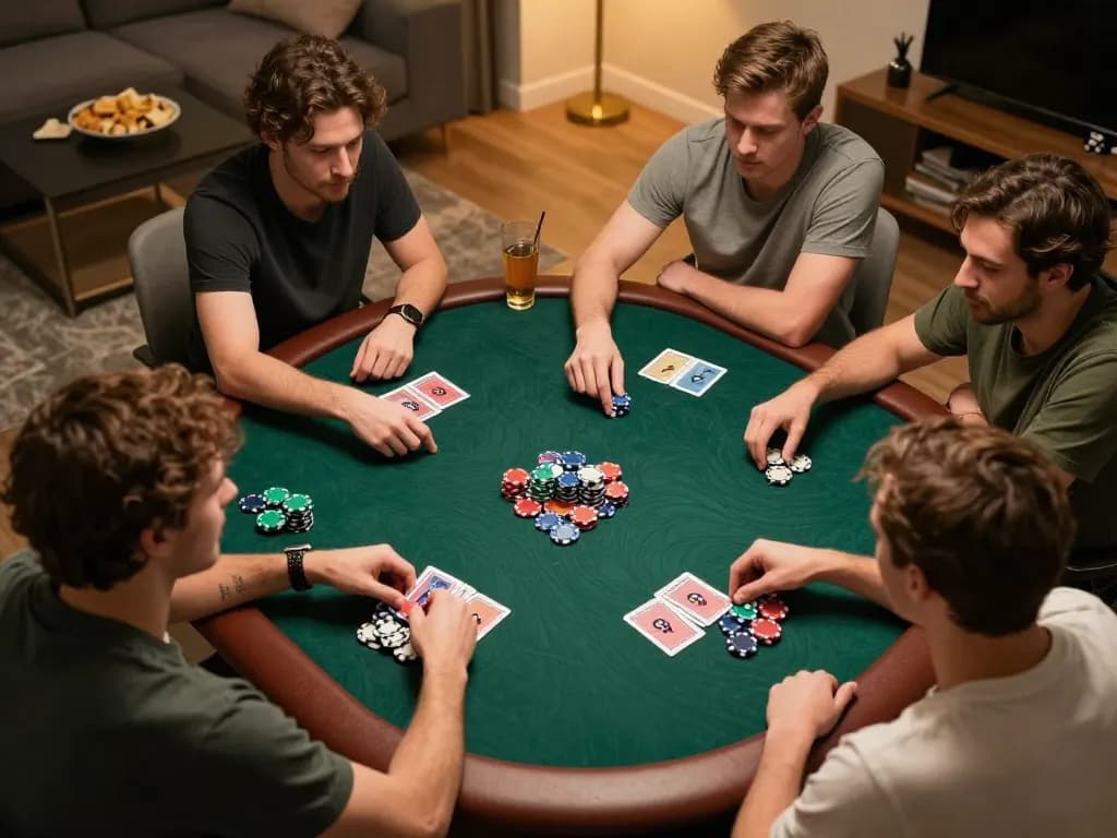 Poker game night at home with friends using alc88 strategies for winning hands and teamwork.