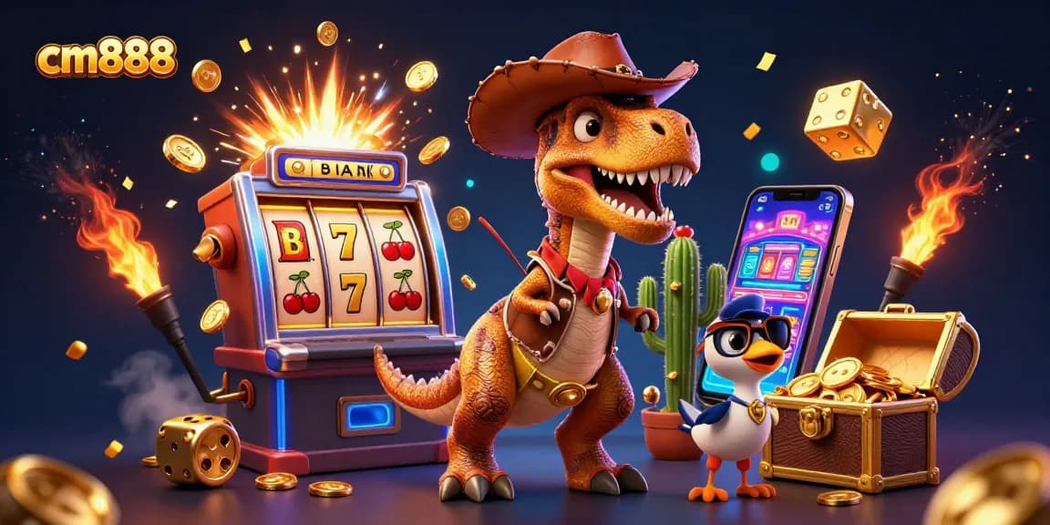 Experience big wins at cm888 with a vibrant casino scene featuring a dinosaur and jackpot elements.
