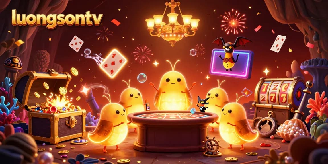 Engage with luongsontv's lively cave casino atmosphere filled with glowing elements and exciting gaming action.