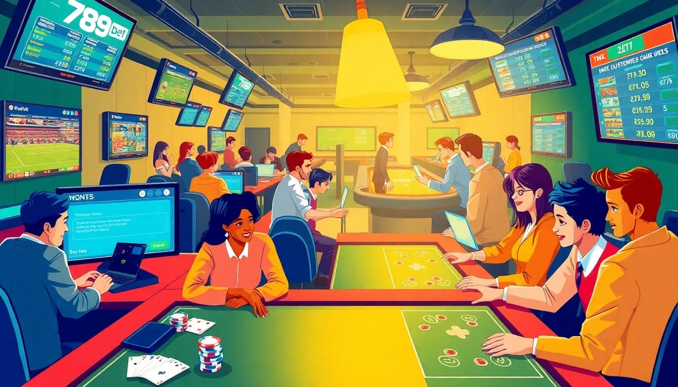 Exciting online betting scene showcasing 789 bet gaming with players and customer service, vibrant colors, and engaging atmosphere.