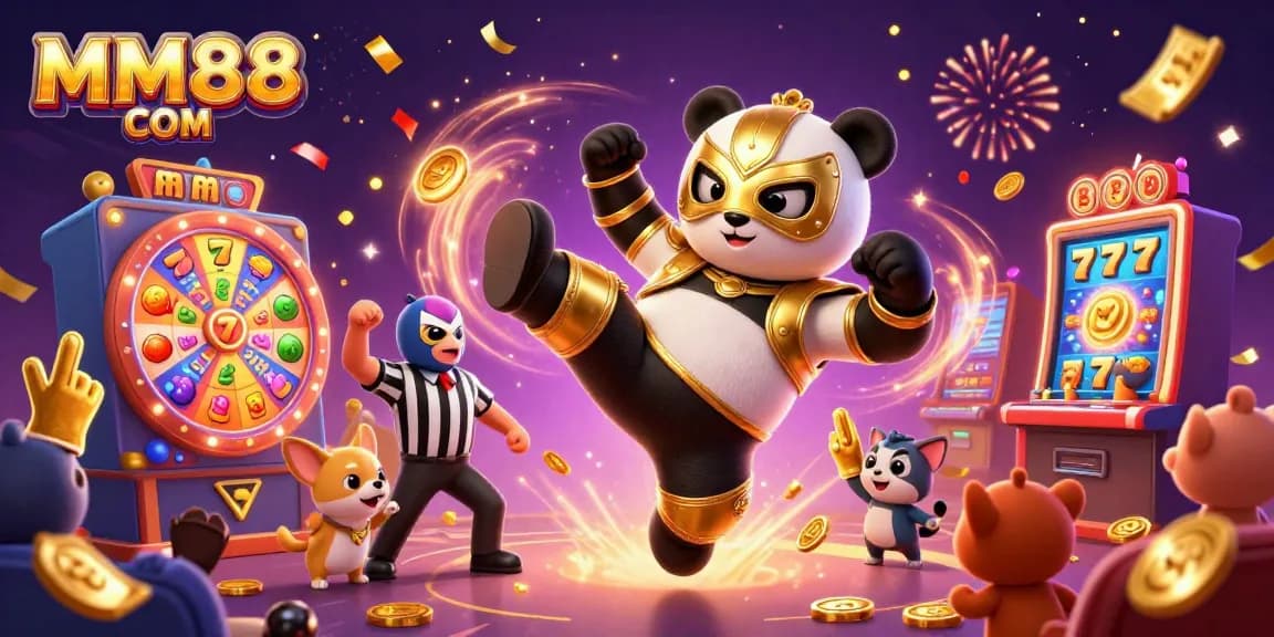 Experience the thrill of gaming with the MM88 COM action-packed 3D rendering featuring a panda wrestler and vibrant slot reels.