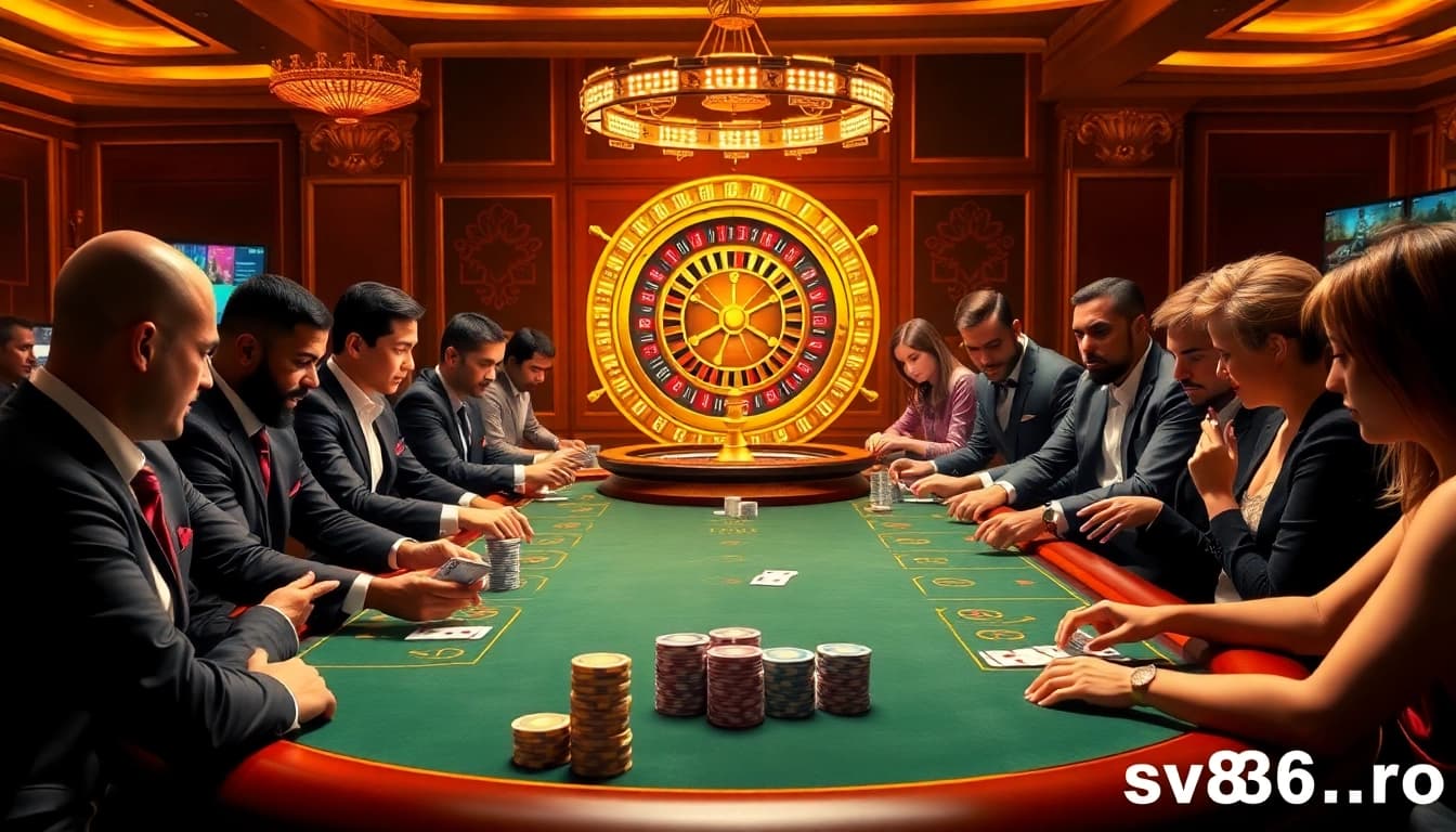Players enjoying a thrilling poker game at sv88s.pro's luxurious casino table.