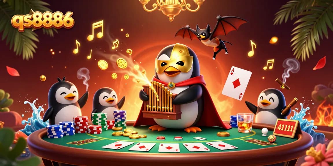 Experience excitement at qs8886 while playing at a vibrant casino with a penguin performing magic.