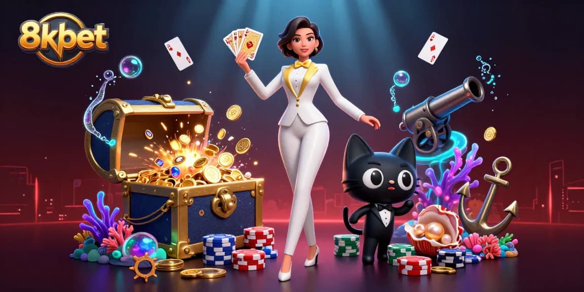 Play casino games and win big with 8xbet's glamorous scene of a woman and a cat in tuxedos.