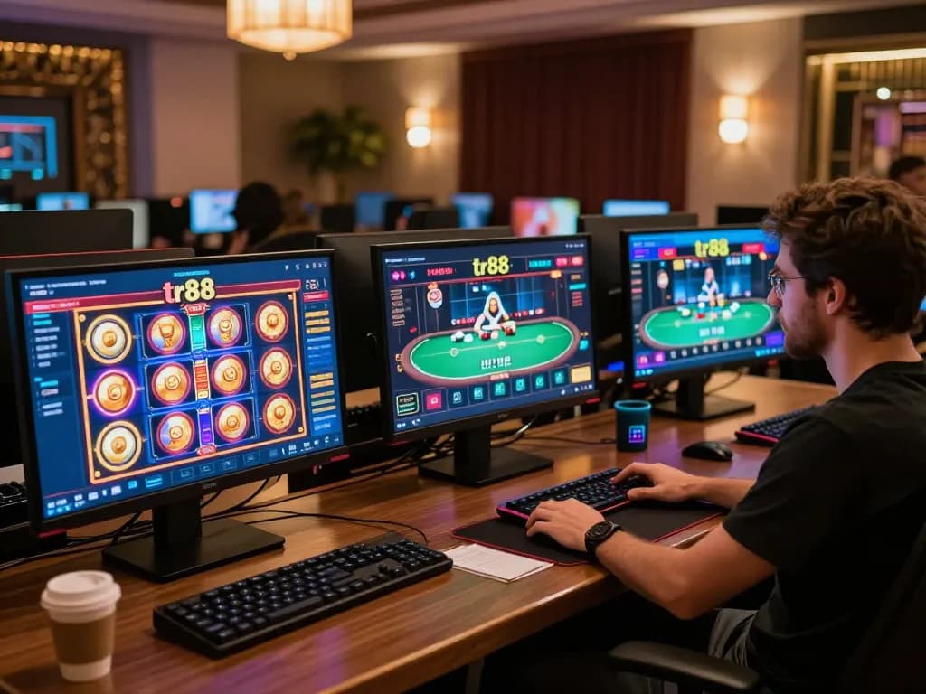 Player engaging in online gaming on tr88 slots and poker, showcasing a modern setup