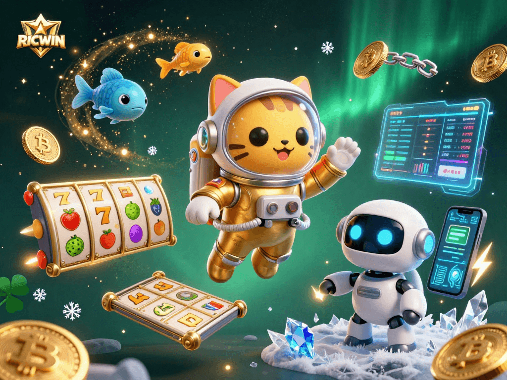 Experience the thrill of RICWIN with vibrant space-themed slots featuring a floating astronaut cat.