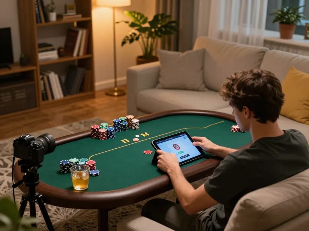 Player using f8bet app on tablet at home for immersive online poker gaming experience