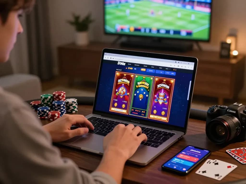 Player engaging with 32win gaming site on laptop in cozy home setup