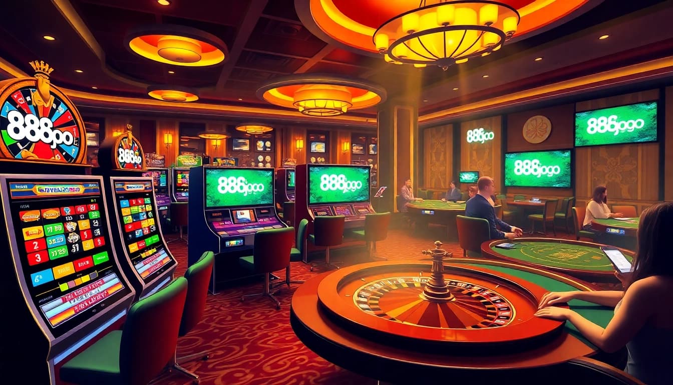 Jugadores disfrutando de emocionantes juegos de casino en 888jogo, con máquinas tragamonedas vibrantes y una rueda de ruleta.