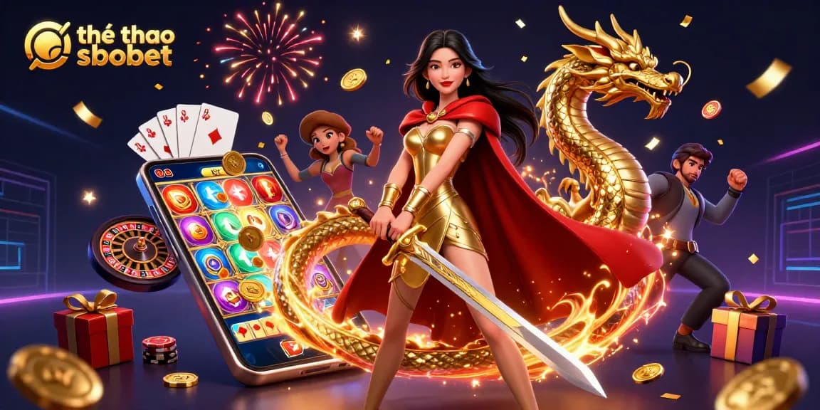 Engage in thể thao sbobet sports betting with dynamic action, showcasing a warrior queen and golden dragon.
