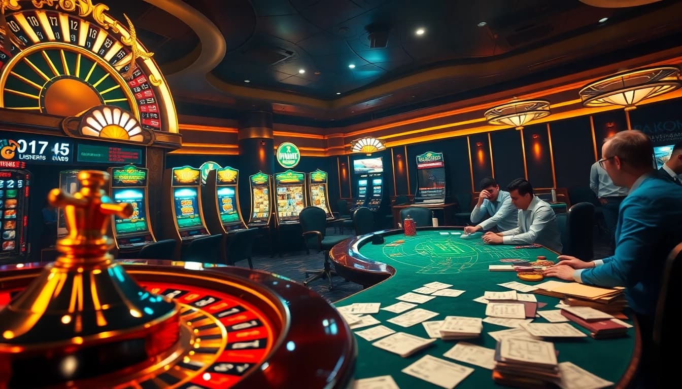 Visualize tỷ lệ kèo nhà cái in an exciting casino scene with roulette, poker, and betting slips.