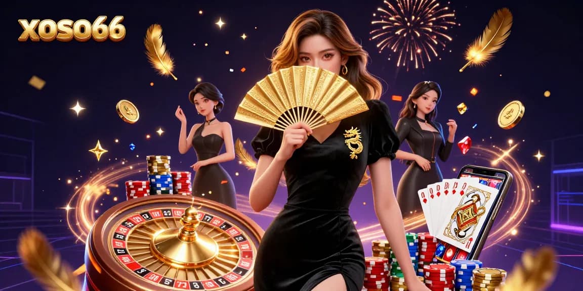 Xoso66 profile featuring the Asian woman showcasing elegance amidst a vibrant casino atmosphere.