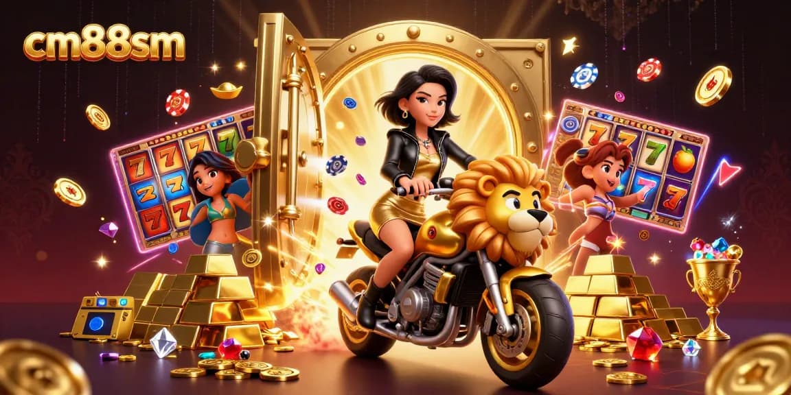 Experience thrilling wins with cm88sm, vibrant 3D illustration of glamorous Asian woman on a golden lion.