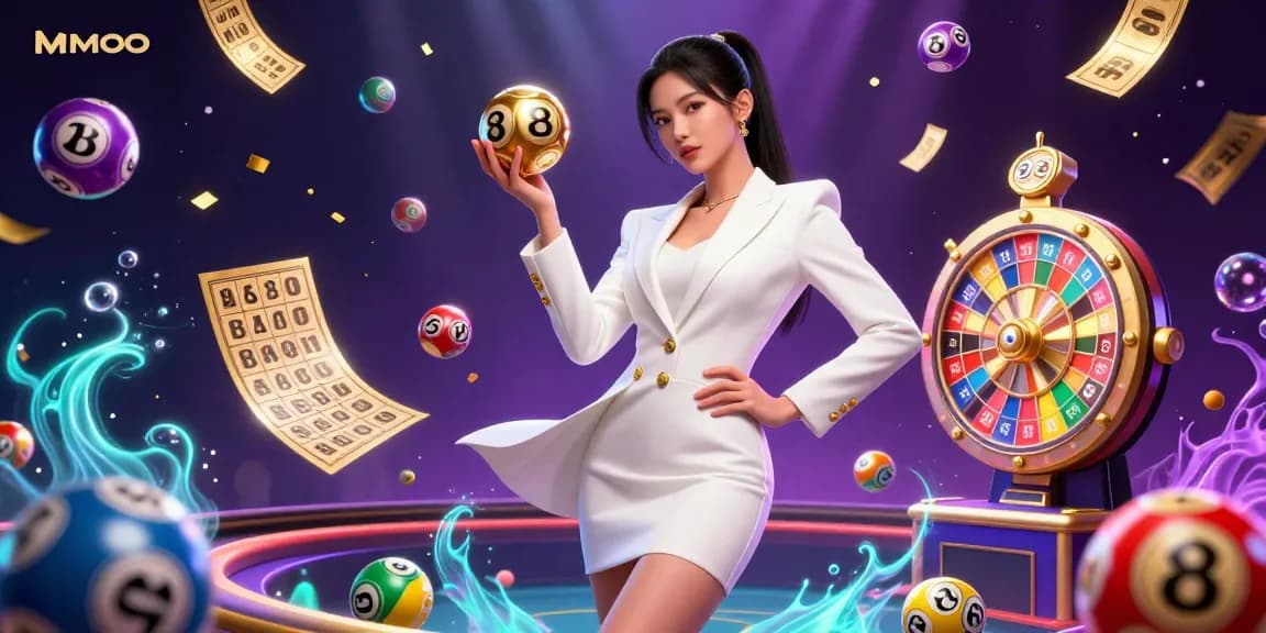 Engage with exciting gameplay at MMOO, featuring a stunning woman's winning pose with roulette ball amidst casino elements.