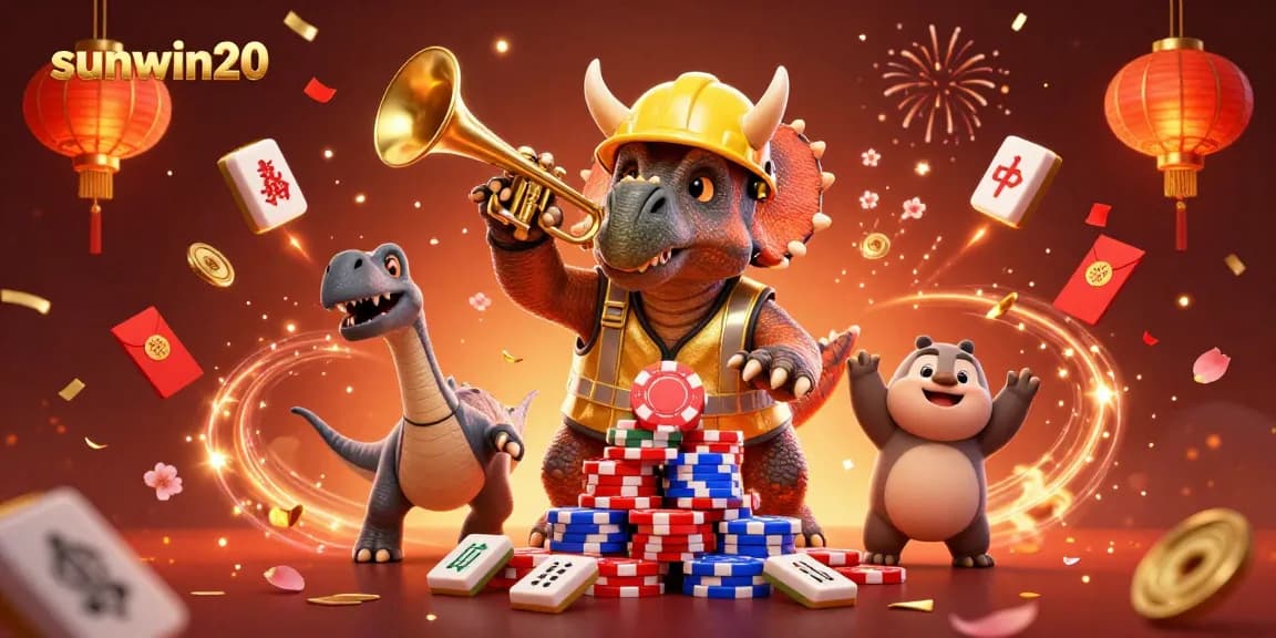 Celebrate with sunwin20 while building a poker chip pyramid in a festive casino scene.