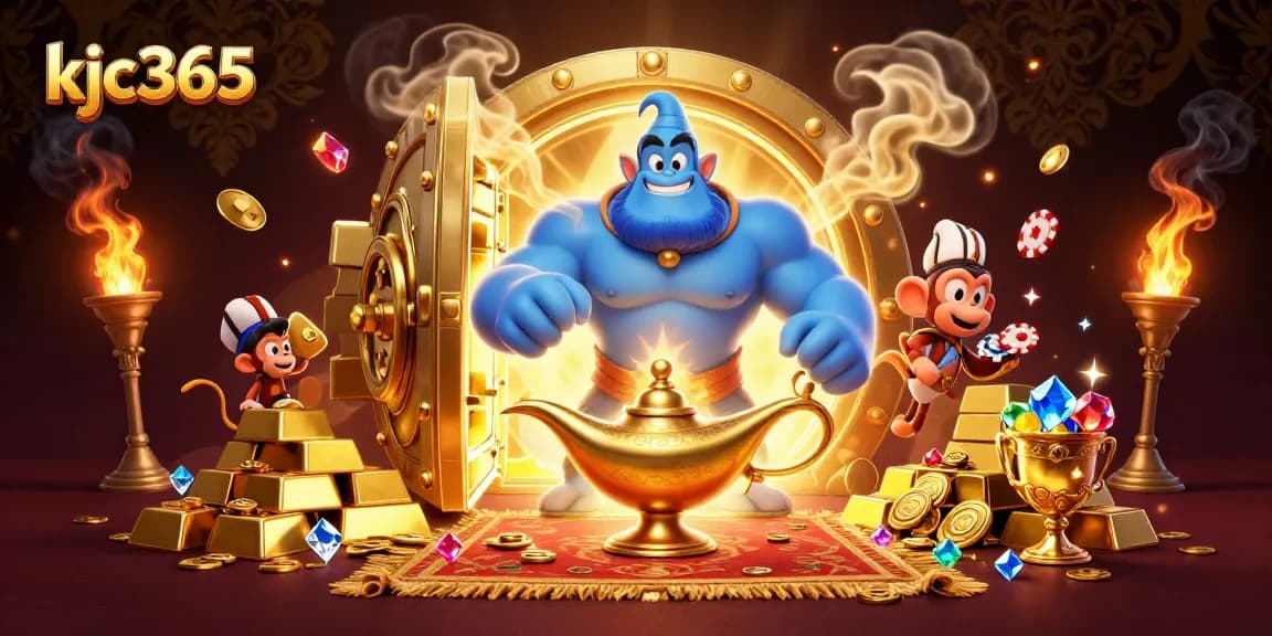 Enter the exciting world of kjc365 with an energetic genie, treasures, and poker chips for online gaming.