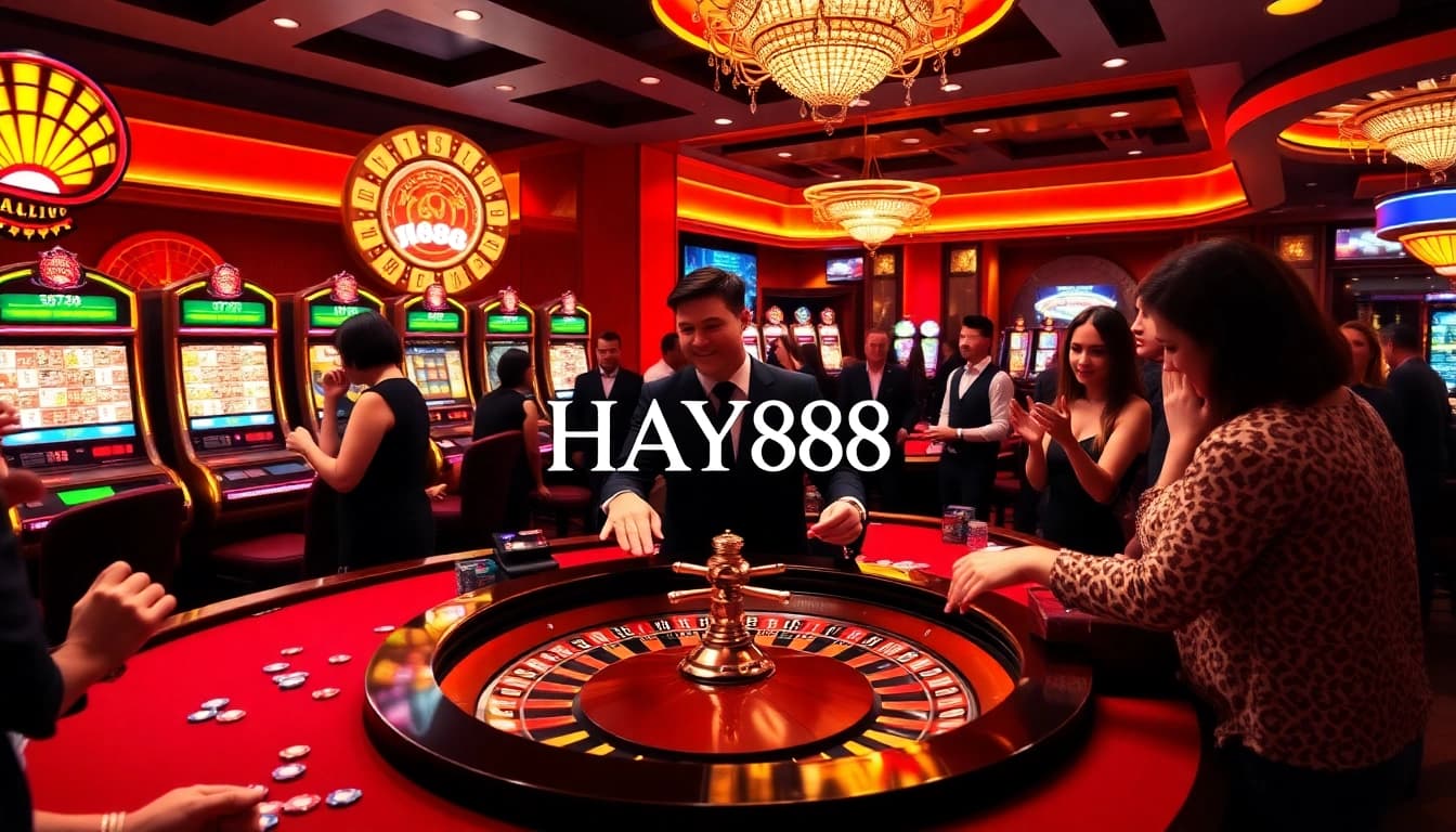 Exciting casino scene at HAY88 showcasing gamblers at a roulette table in a vibrant atmosphere.