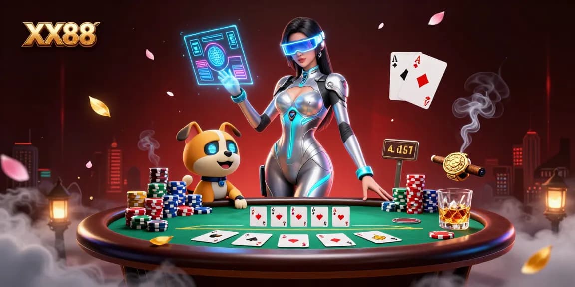 Engage with XX88's luxurious casino atmosphere, featuring futuristic elements and vibrant game visuals.
