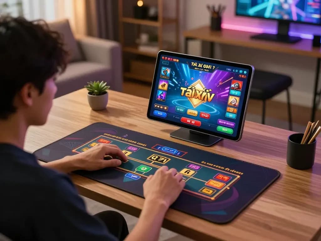 Engaging in tài xỉu online gameplay on a tablet in a cozy home office