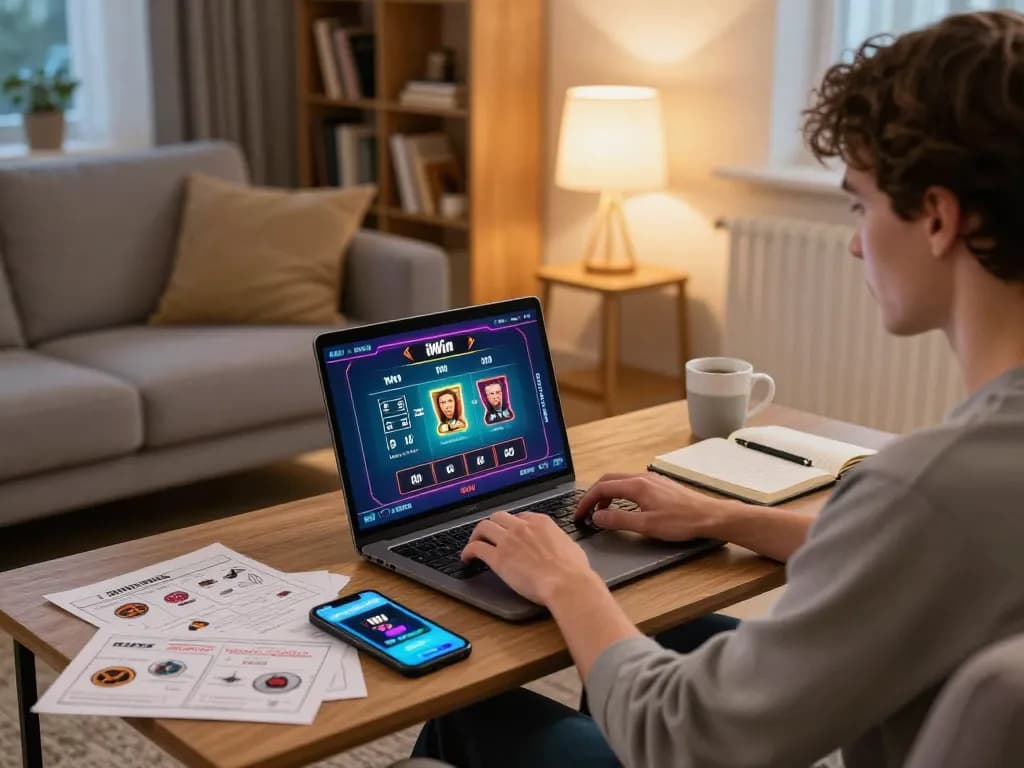 Engaging in iWin online gaming session at home with laptop and strategy notes