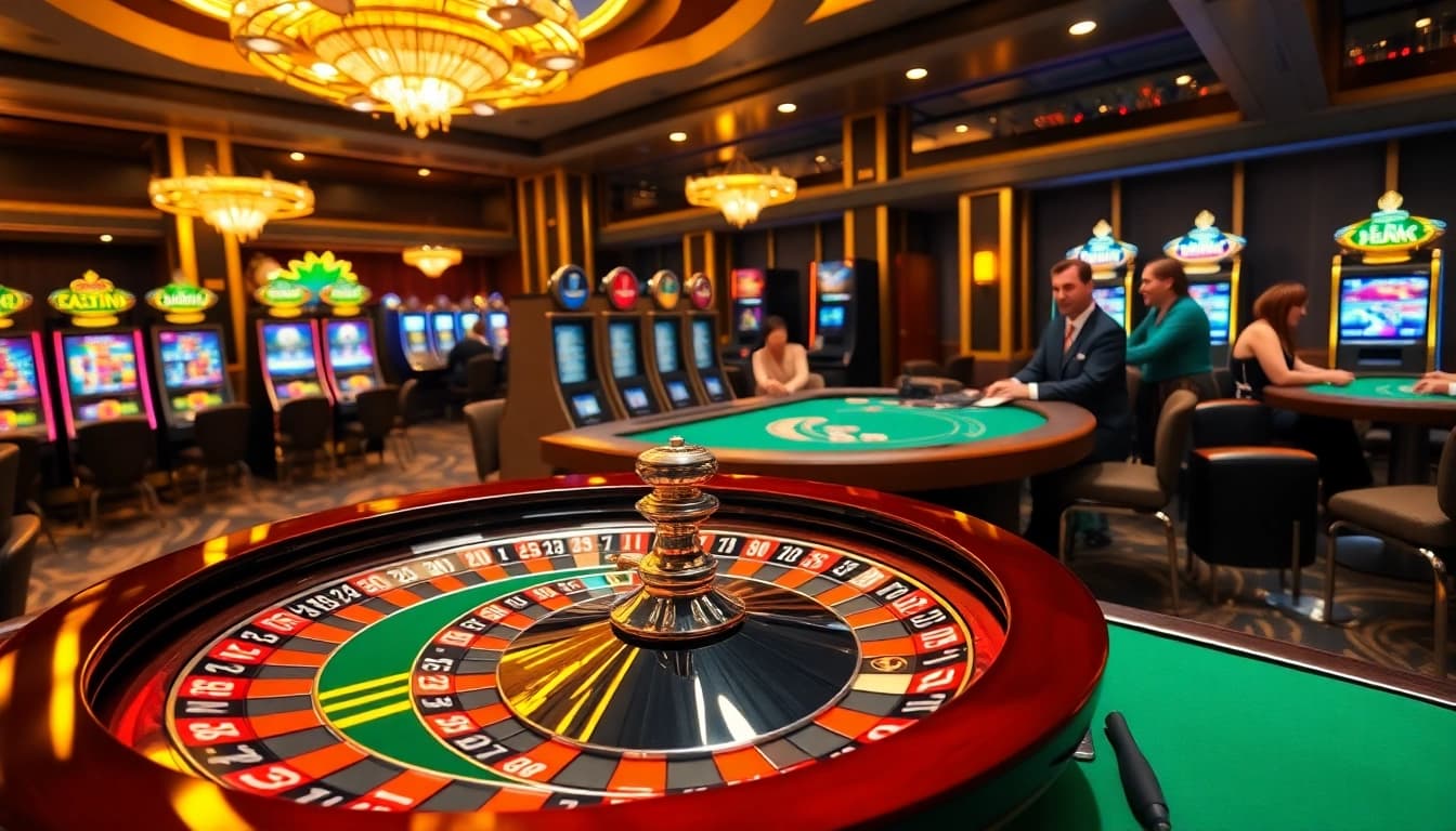 Engaging scene at a casino highlighting top nhà cái experiences with vibrant roulette and lively players.