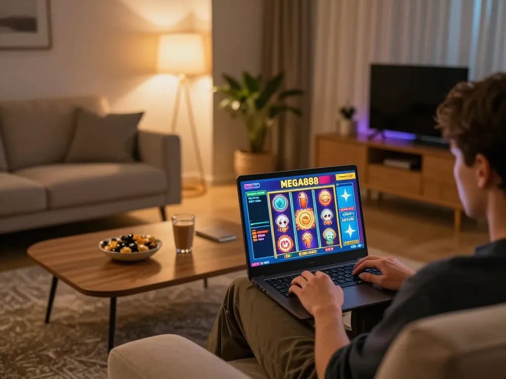 Engage in MEGA888 gameplay on a laptop in a cozy home setting, showcasing the gaming atmosphere.
