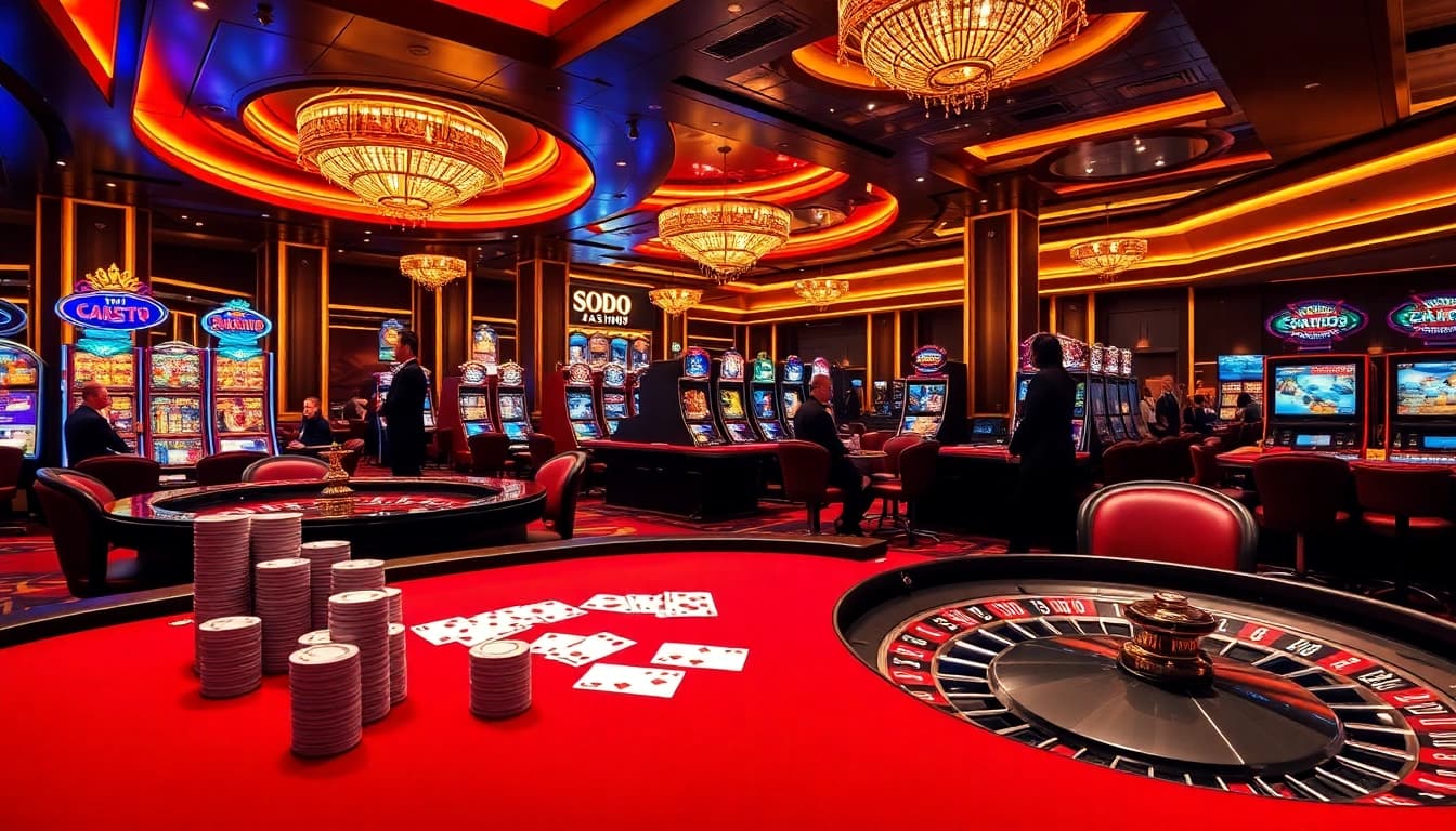 Sodo Casino immersive gambling experience with poker tables, roulette, and slot machines.