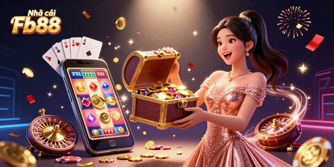Experience the excitement of Nhà cái Fb88 with an engaging treasure chest scene overflowing with casino treasures.