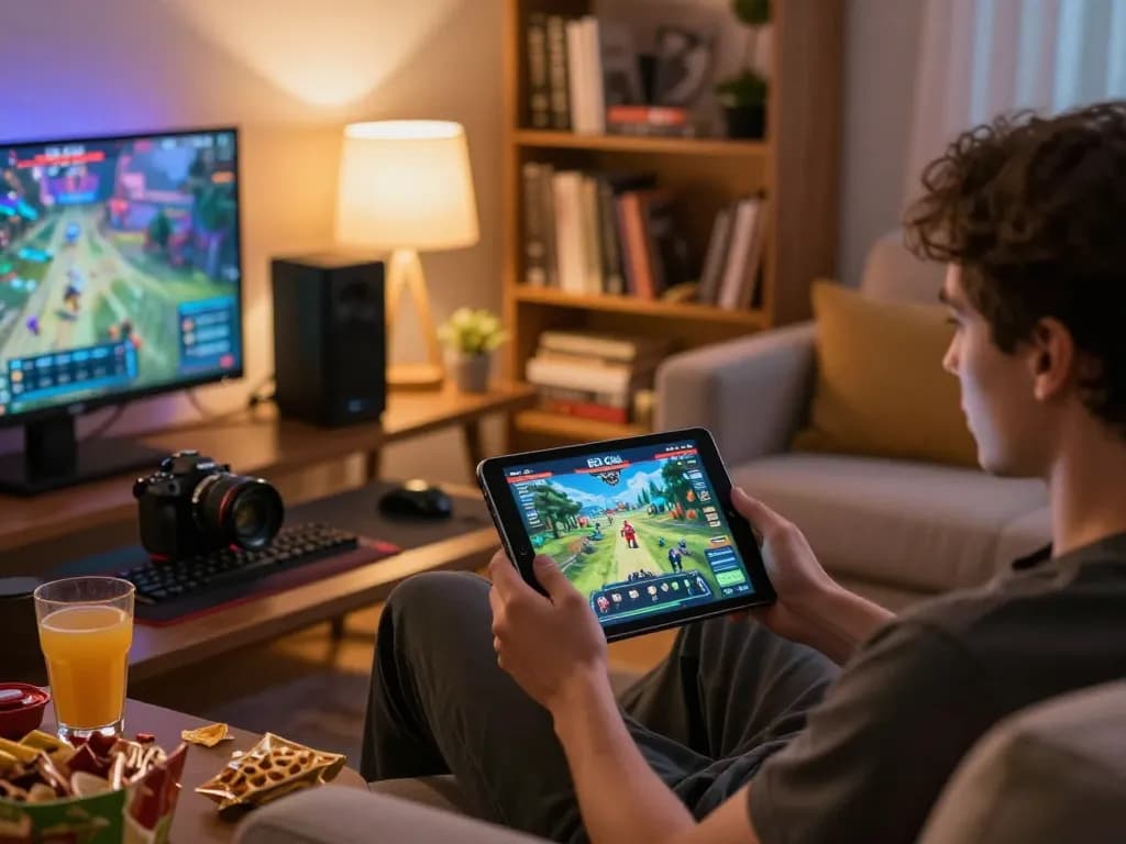 B52 Club player engaging with exciting online games on tablet, showcasing a cozy home gaming atmosphere
