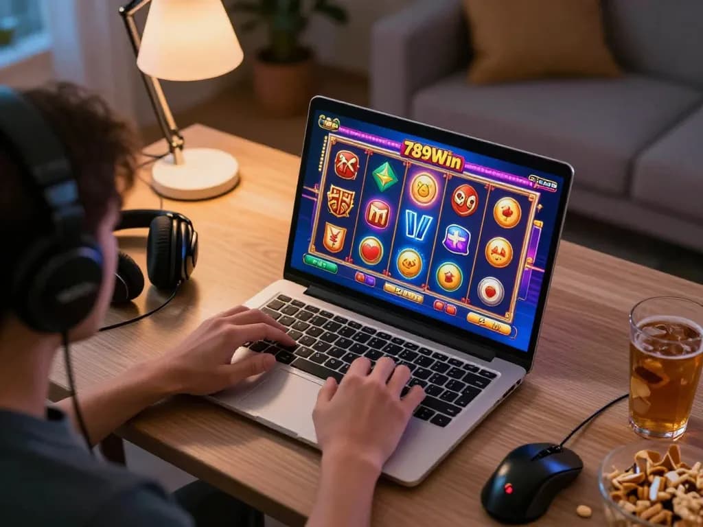 Engaged player enjoying the dynamic action of 789Win casino slot game on a vibrant laptop interface.