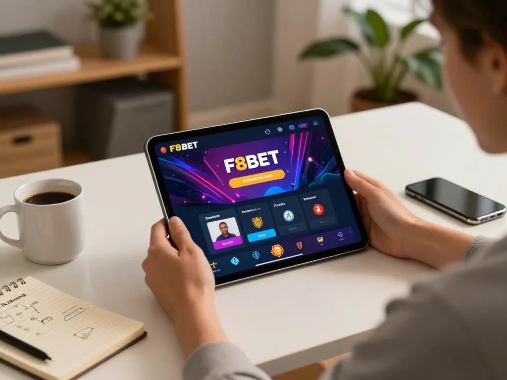 Engaging with F8BET app on tablet in a cozy home gaming setup, highlighting strategic notes and warm lighting.