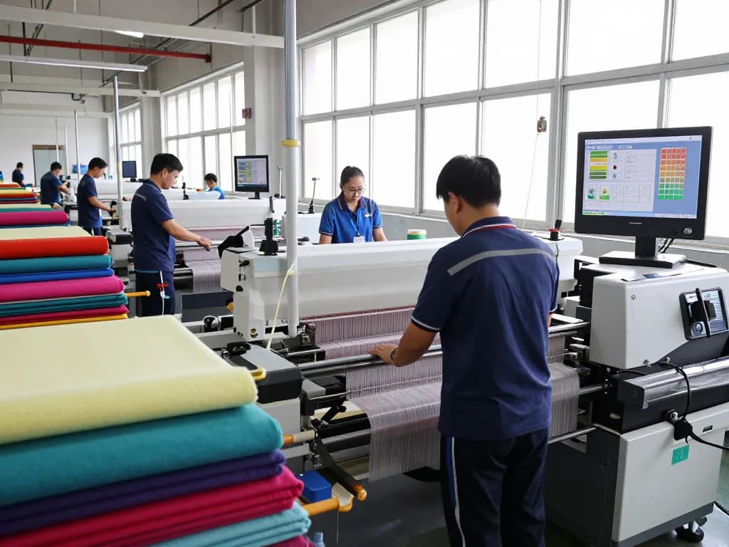 Sunwin textile workers expertly operating advanced machines in a vibrant, innovative factory environment