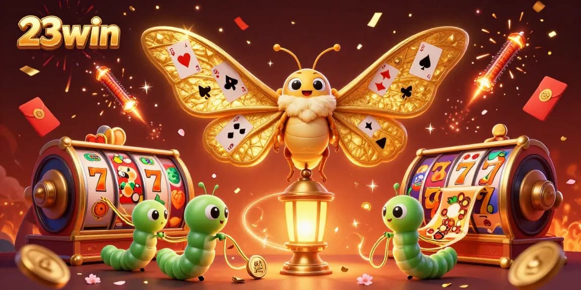 Experience thrilling slot games with 23win's vibrant golden illustration showcasing exciting gaming elements.