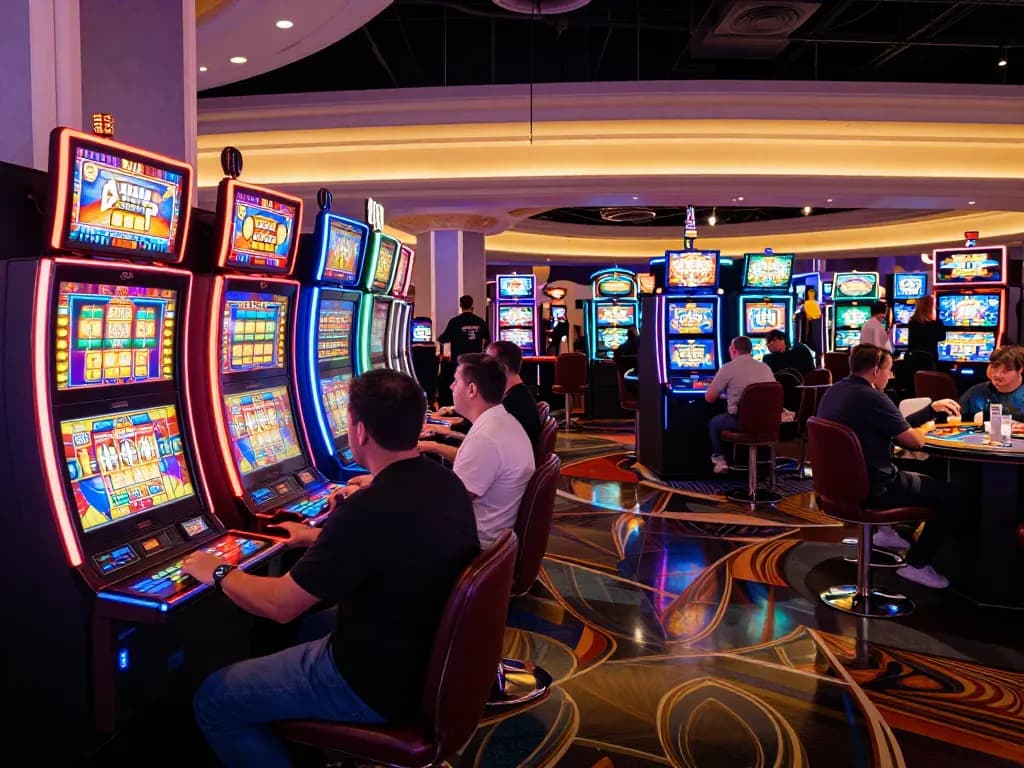 Excited players engaging with vibrant slot machines at fb88.com casino in Las Vegas atmosphere