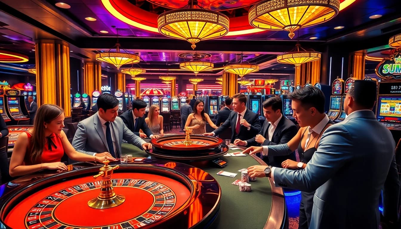 Engaging players enjoying a thrilling moment at OK 8386 casino tables with vibrant elements.
