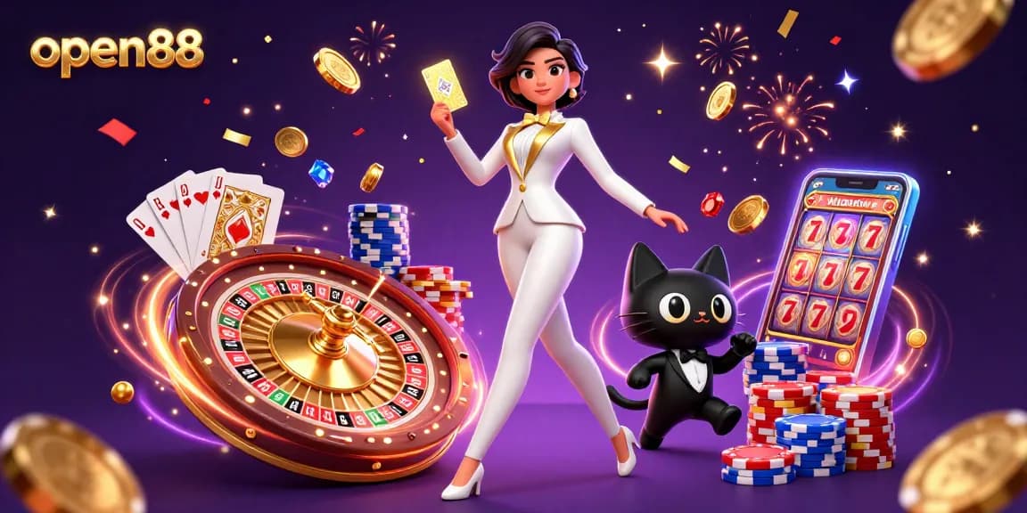 Experience the excitement of open88's glamorous gaming scene with cascading coins and lively characters.