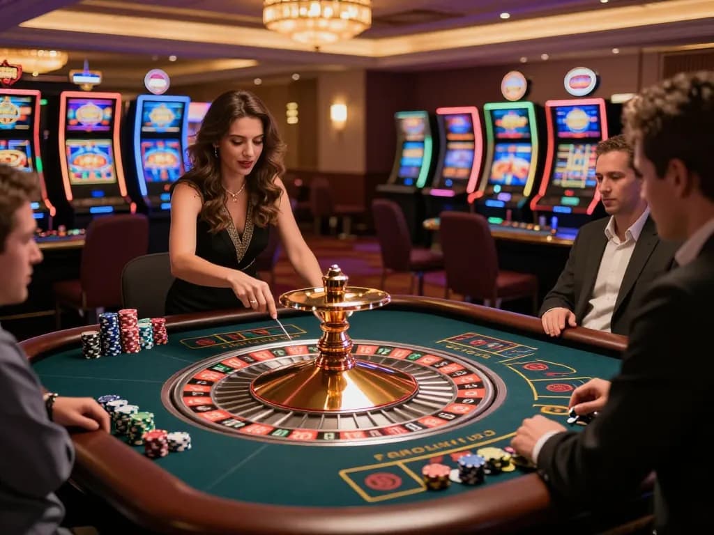 Experience intense gameplay at good88a's roulette table with players and croupiers in action.