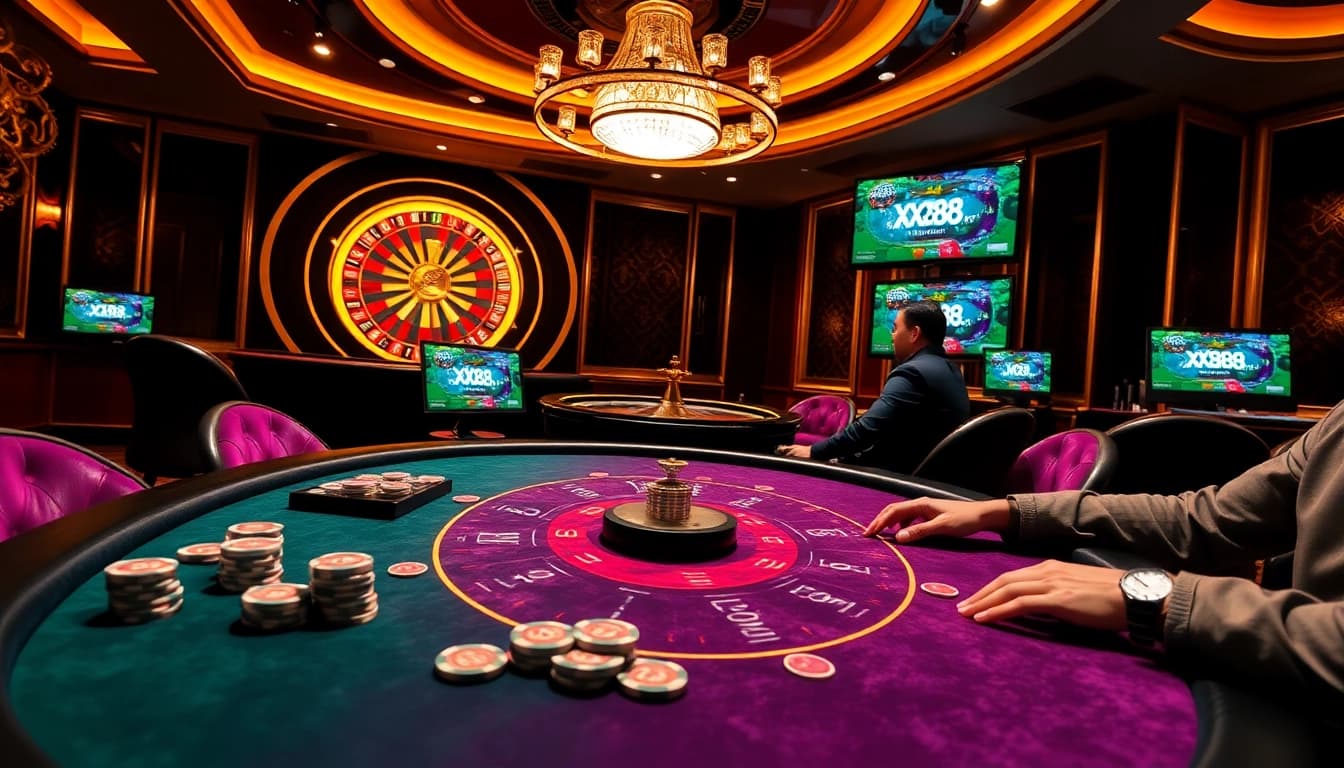 Exciting online gaming atmosphere at https://xx88.day/ with poker chips and roulette.