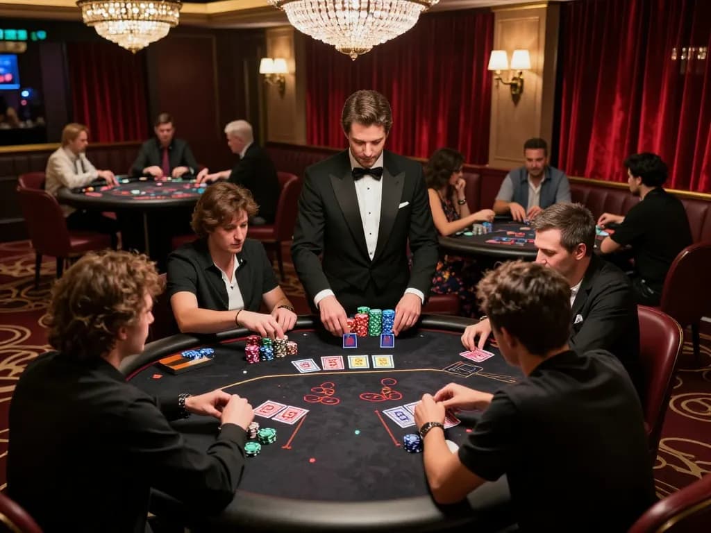 79 KING blackjack players strategizing during an intense game at a luxury casino table
