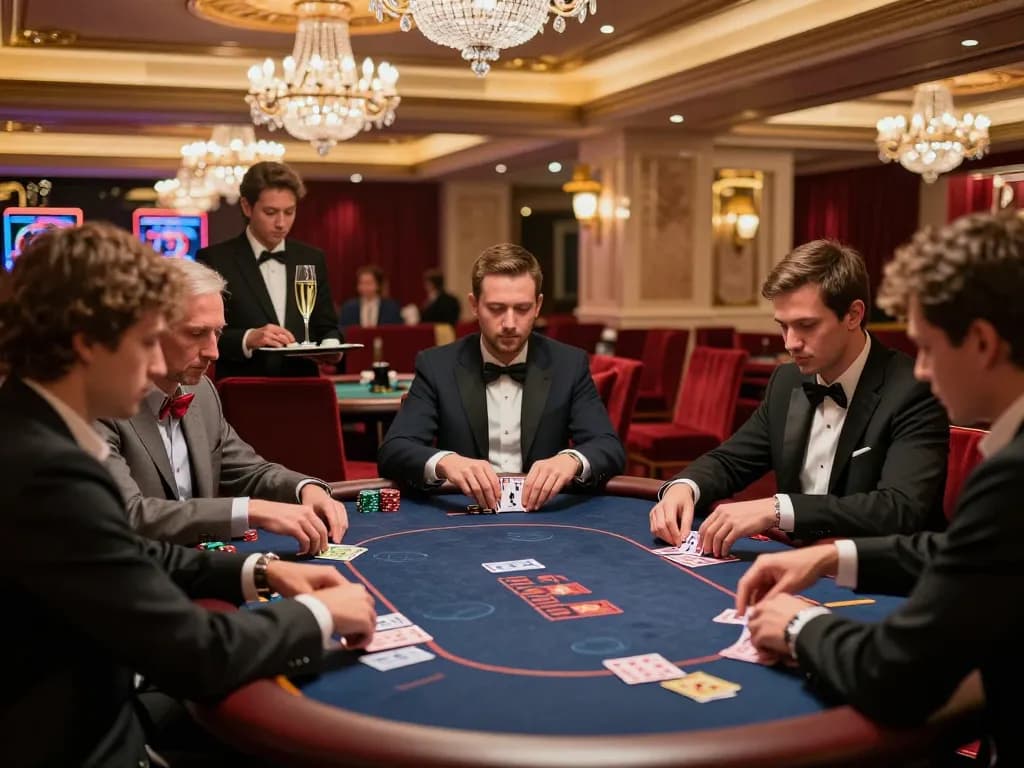 Players in the luxurious VIP area of a casino strategizing at the poker table while enjoying their time at nhà cái jun88