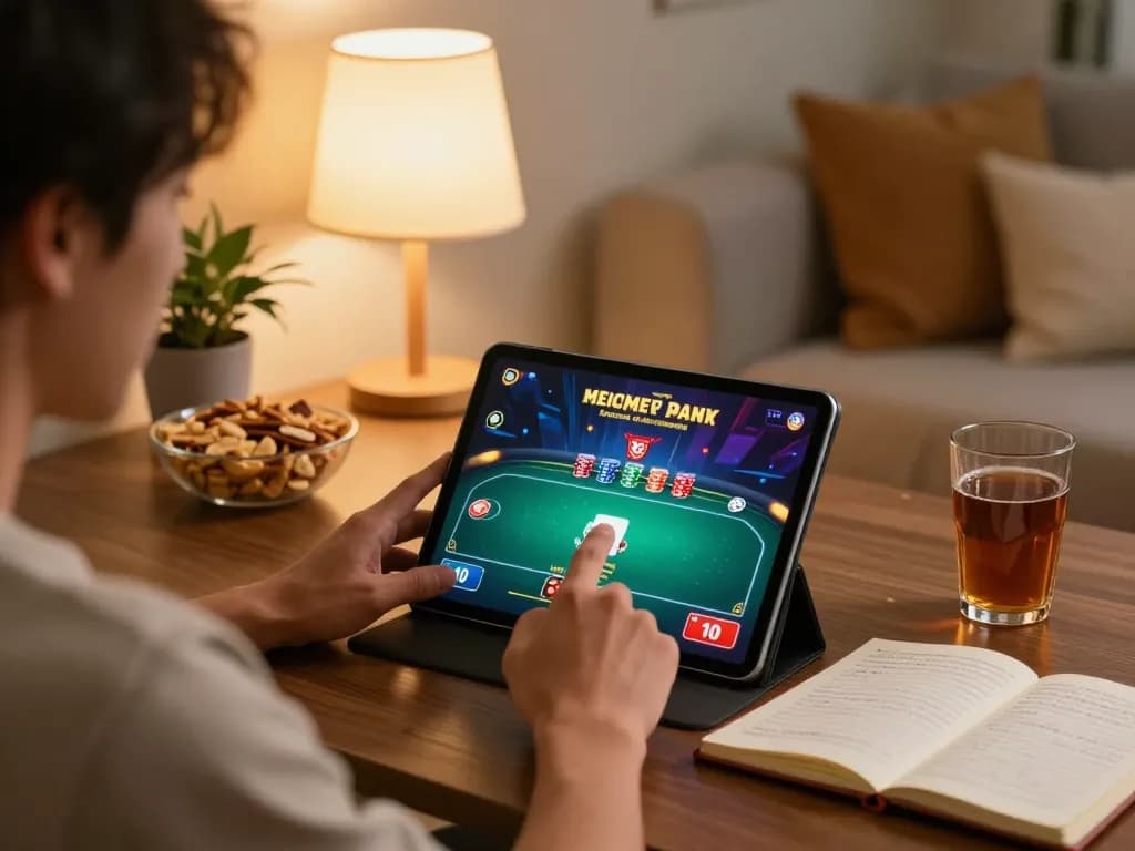 Player enjoying an online poker game on tablet with MM88, capturing strategic gameplay in a cozy setting.