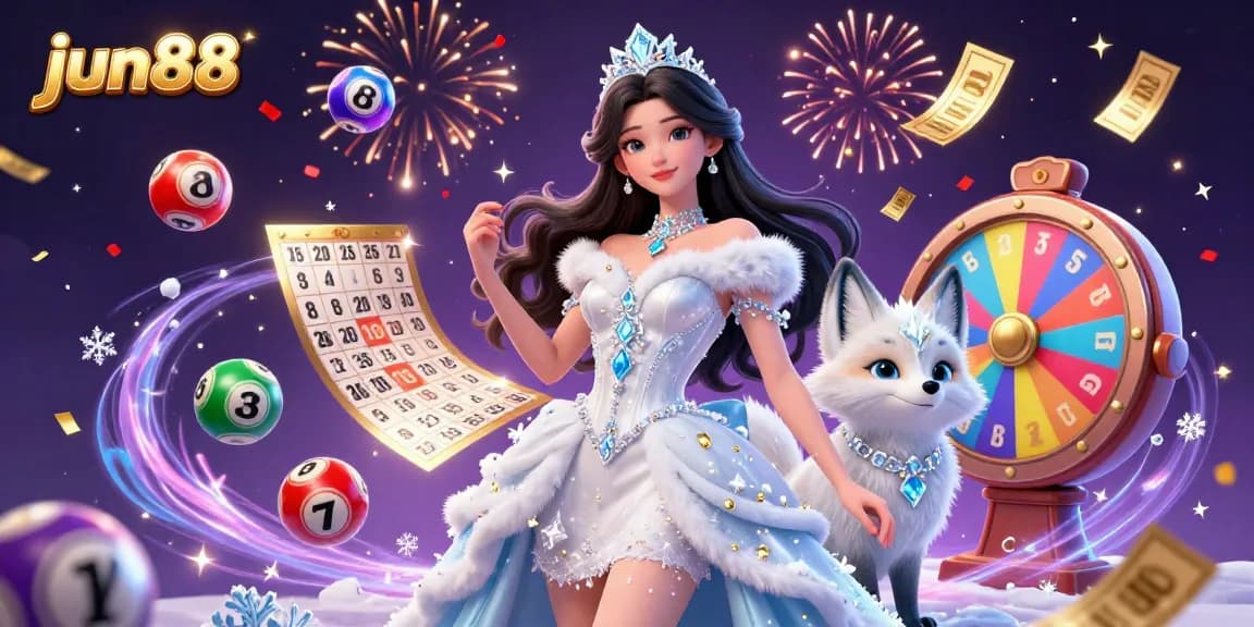 Experience the excitement at jun88 with a captivating 3D illustration of lottery game action featuring vibrant colorful balls and festive elements.