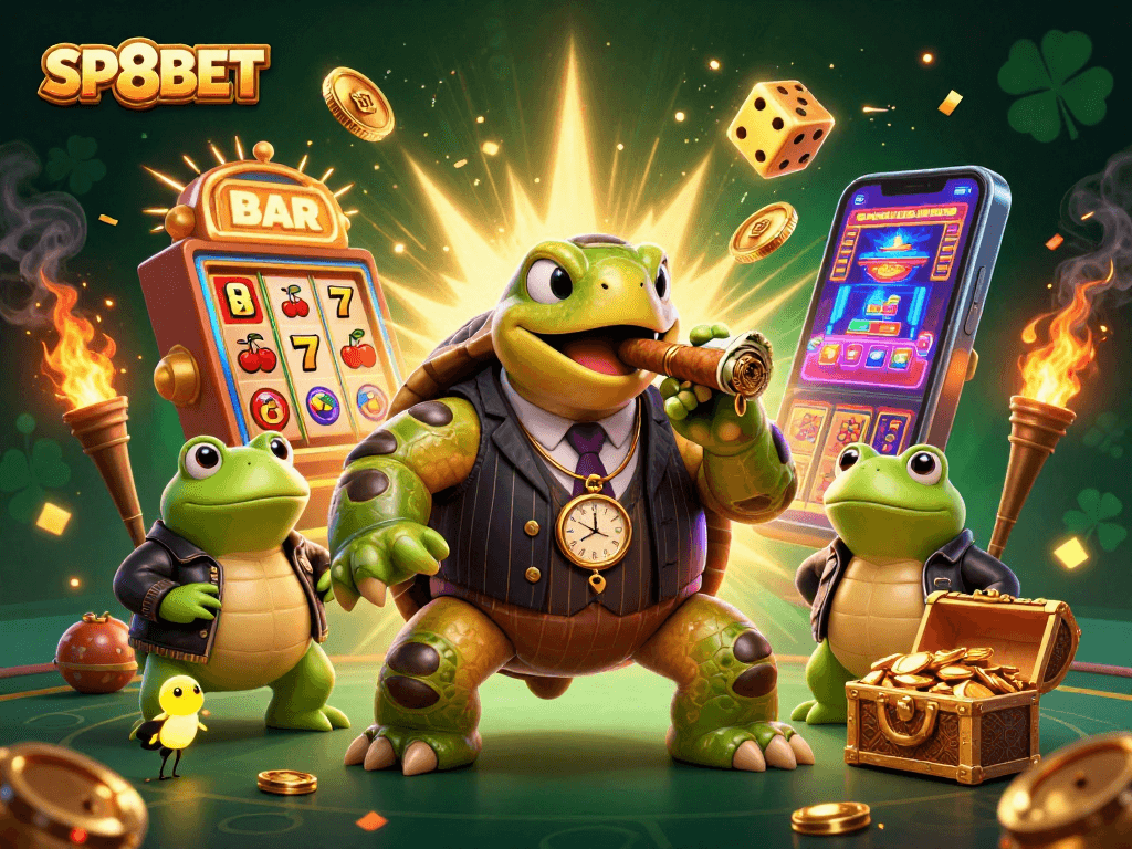 Experience the thrill of winning at SP8BET with a vibrant casino illustration featuring lively characters and a jackpot scene.