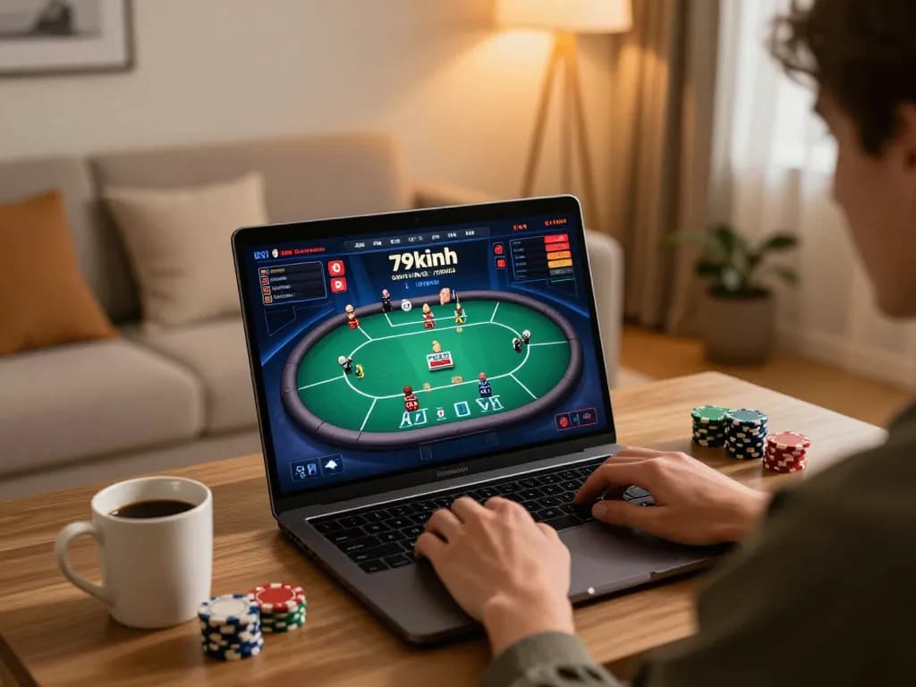 Player engaging with 79kinh online casino game on laptop in a cozy living room